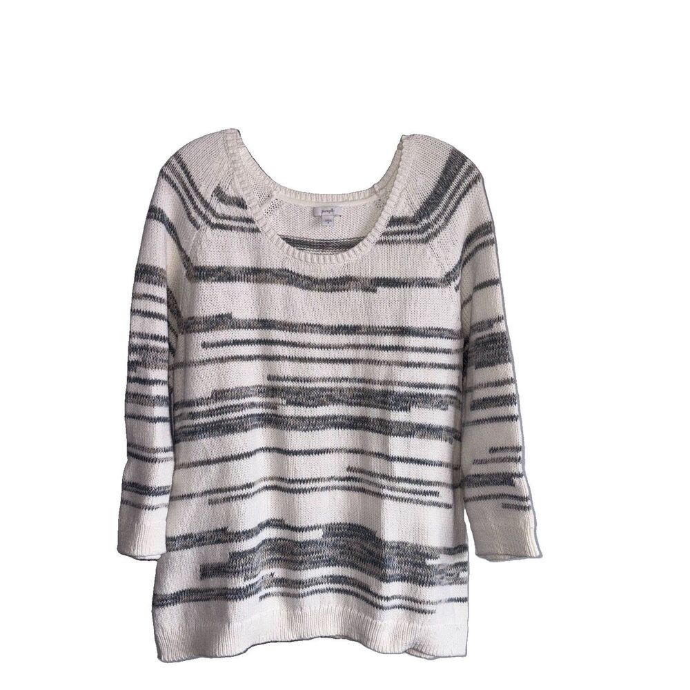 J. Jill Pure Jill Cotton Knit White Blue Stripe Sweater Size Medium Scoop Neck